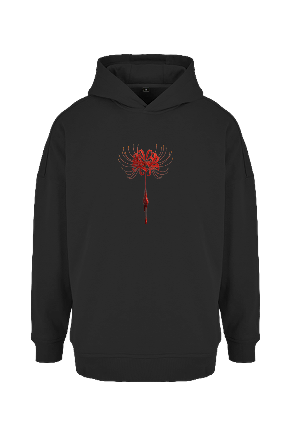 Oversized DEZHA Hoodie mit roter Spider Lily, 300 GSM, überkreuzter Kapuze und gebürstetem Innenfleece.