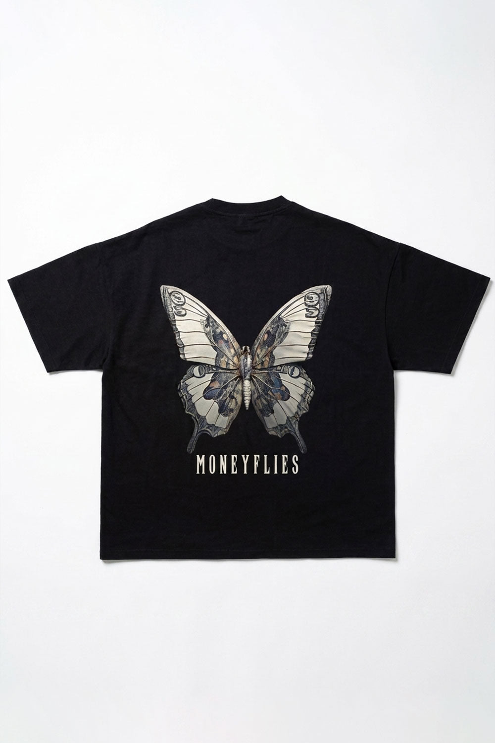 DEZHA MONEYFLIES Oversized T-Shirt mit Front- und Backprint aus 240 GSM Baumwolle und markantem Streetwear-Design.