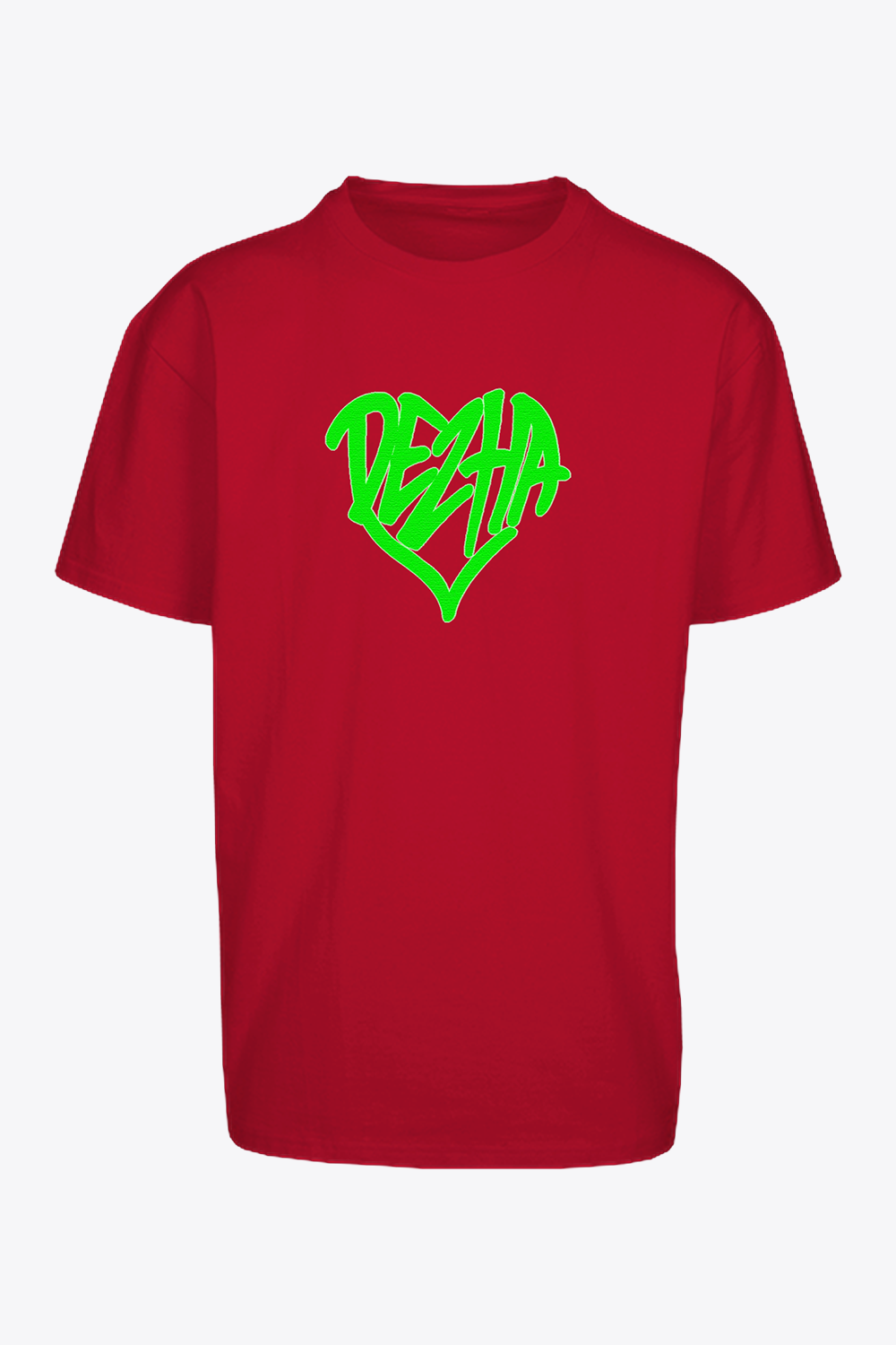 DEZHA Oversized T-Shirt mit grünem Herz-Logo, lässige Passform, urbaner Streetwear Style.
DEZHA Oversized Shirt, grünes Herz vorne, dicke Baumwolle 240gsm.