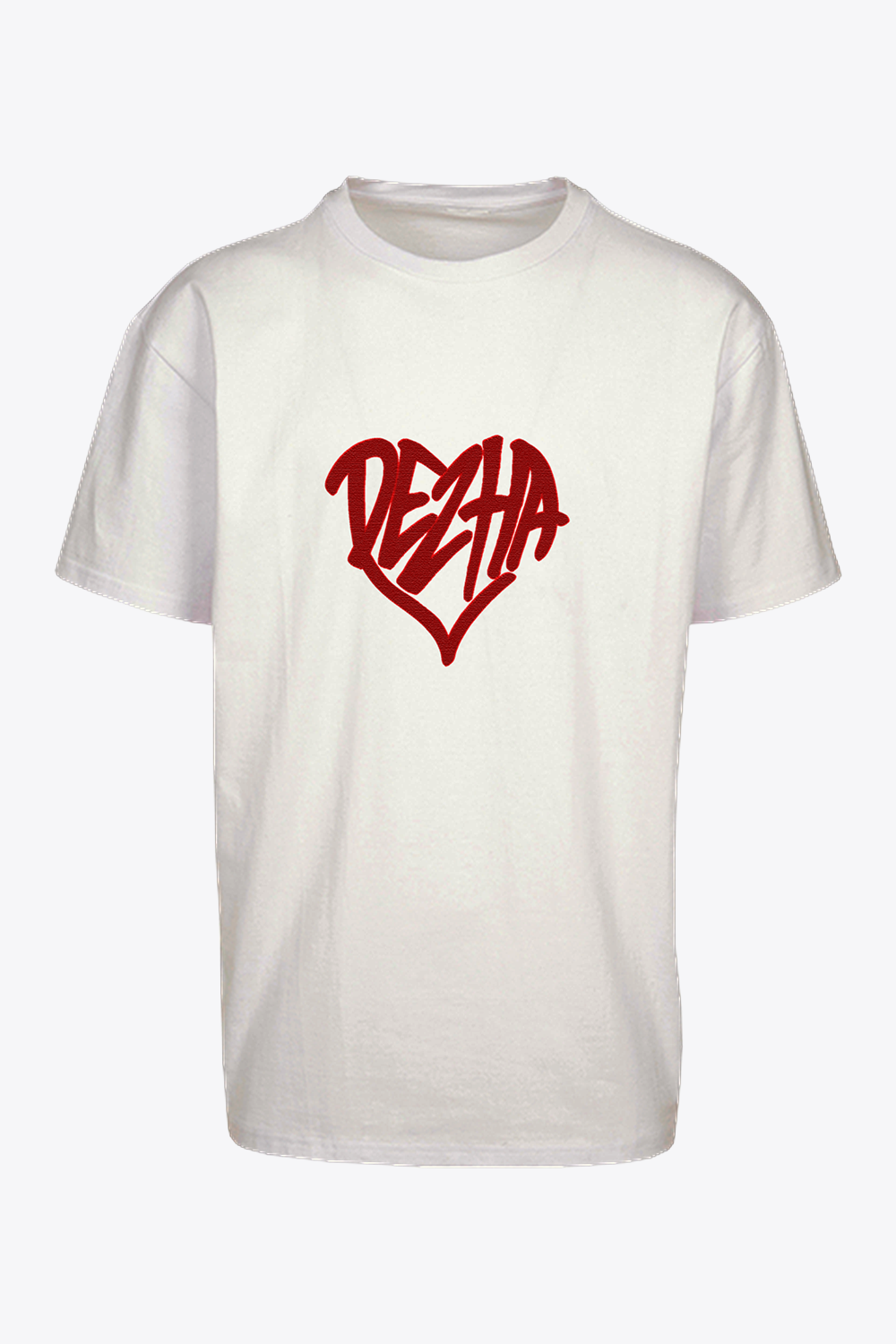 DEZHA Oversized T-Shirt mit rotem Herz-Logo, Heavy Cotton 240gsm, lässiger Oversized Fit.
DEZHA Oversized Shirt, rotes Herz-Design vorne, minimalistischer Streetwear Look.