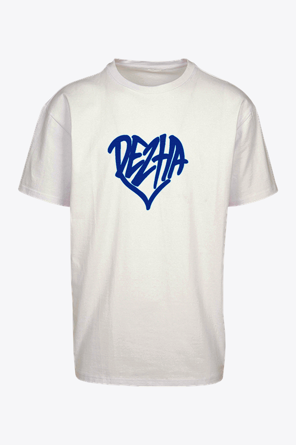 DEZHA Oversized T-Shirt mit blauem Herz-Logo, Oversized Fit, Heavy Cotton, urbaner Streetwear Look.
Rückseite DEZHA Oversized Shirt, blaues Herz vorne, minimalistisch & fair produziert.