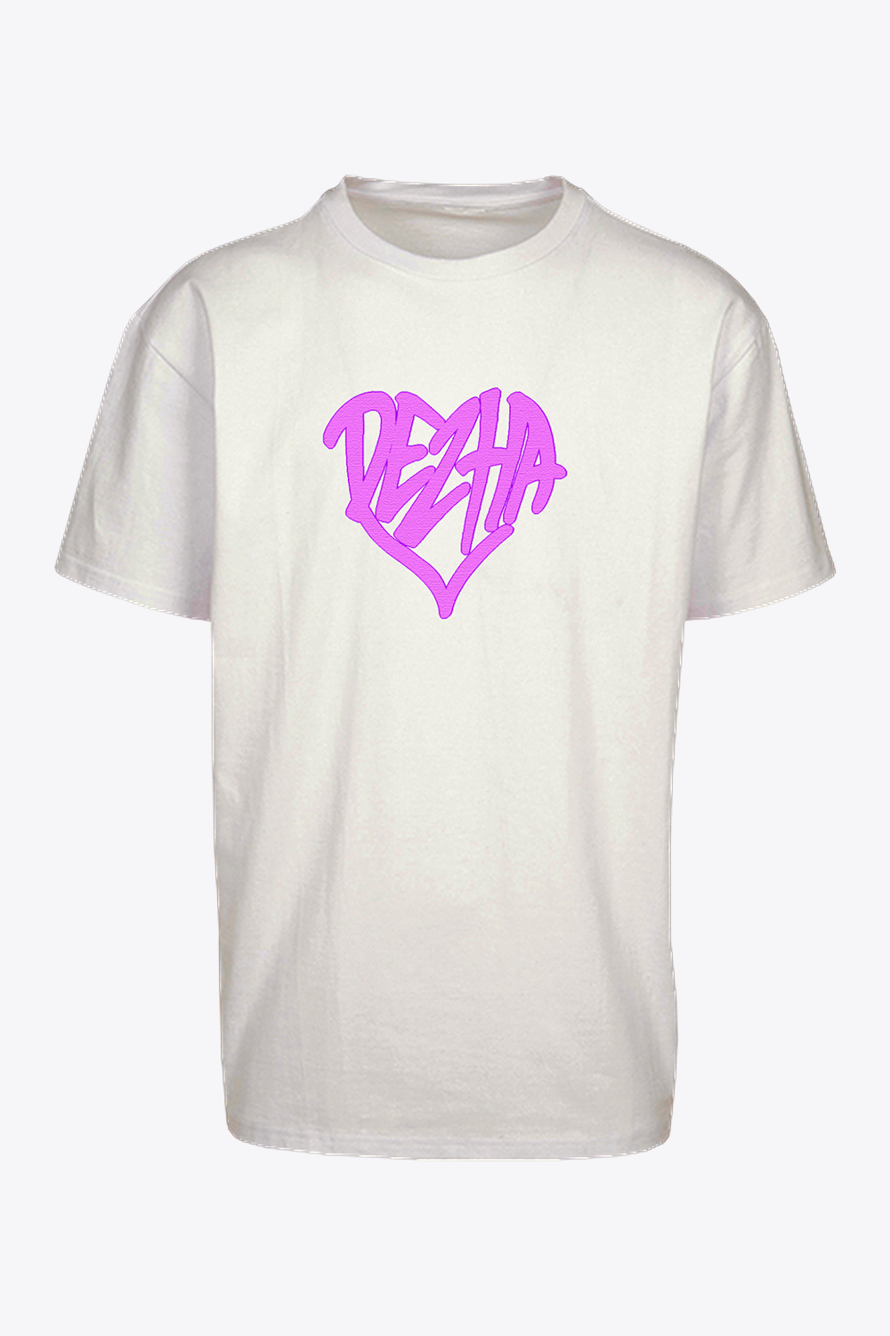 DEZHA Oversized T-Shirt mit pinkem Herz-Logo, urbanes Streetwear Shirt, Crewneck & überschnittene Schultern.
DEZHA Oversized Shirt, pinkes Herz-Design, hochwertiges Baumwollgewebe 240gsm.