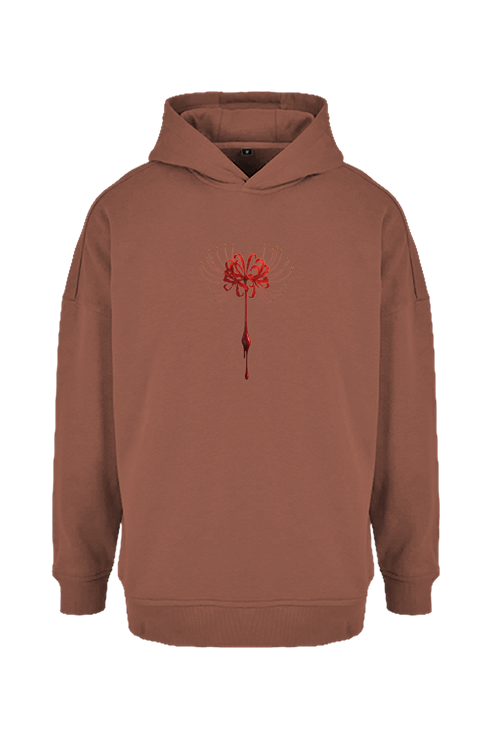 Oversized DEZHA Hoodie mit roter Spider Lily, 300 GSM, überkreuzter Kapuze und gebürstetem Innenfleece.