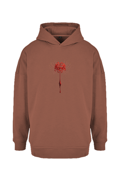 Oversized DEZHA Hoodie mit roter Spider Lily, 300 GSM, überkreuzter Kapuze und gebürstetem Innenfleece.