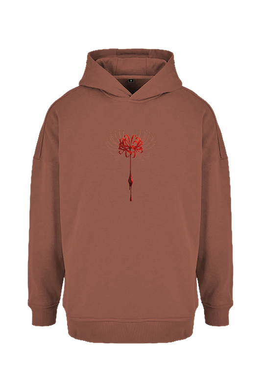 Oversized DEZHA Hoodie mit roter Spider Lily, 300 GSM, überkreuzter Kapuze und gebürstetem Innenfleece.