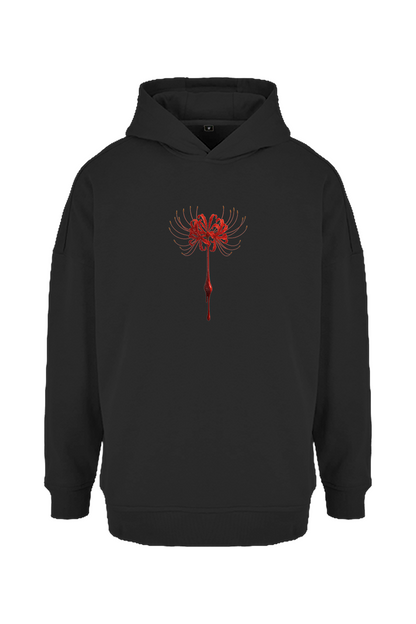 Oversized DEZHA Hoodie mit roter Spider Lily, 300 GSM, überkreuzter Kapuze und gebürstetem Innenfleece.