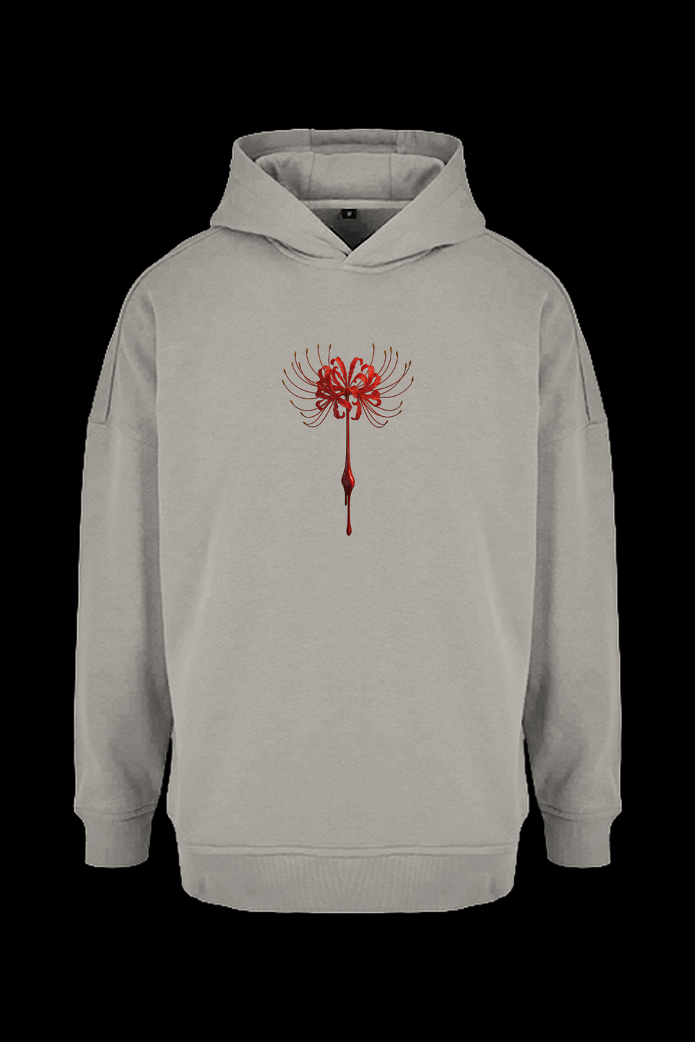 Oversized DEZHA Hoodie mit roter Spider Lily, 300 GSM, überkreuzter Kapuze und gebürstetem Innenfleece.