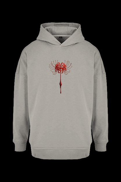 Oversized DEZHA Hoodie mit roter Spider Lily, 300 GSM, überkreuzter Kapuze und gebürstetem Innenfleece.